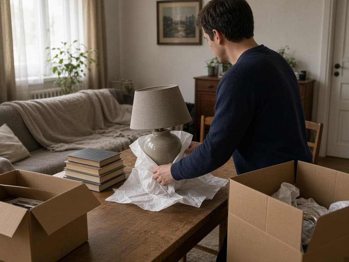 Eine Person packt eine Lampe in einer Wohnung sorgfältig ein.