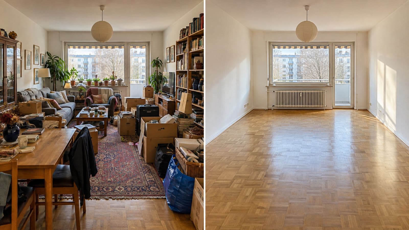 Dieselbe Wohnung vor und nach der Entrümpelung: links voll, rechts leer und besenrein.